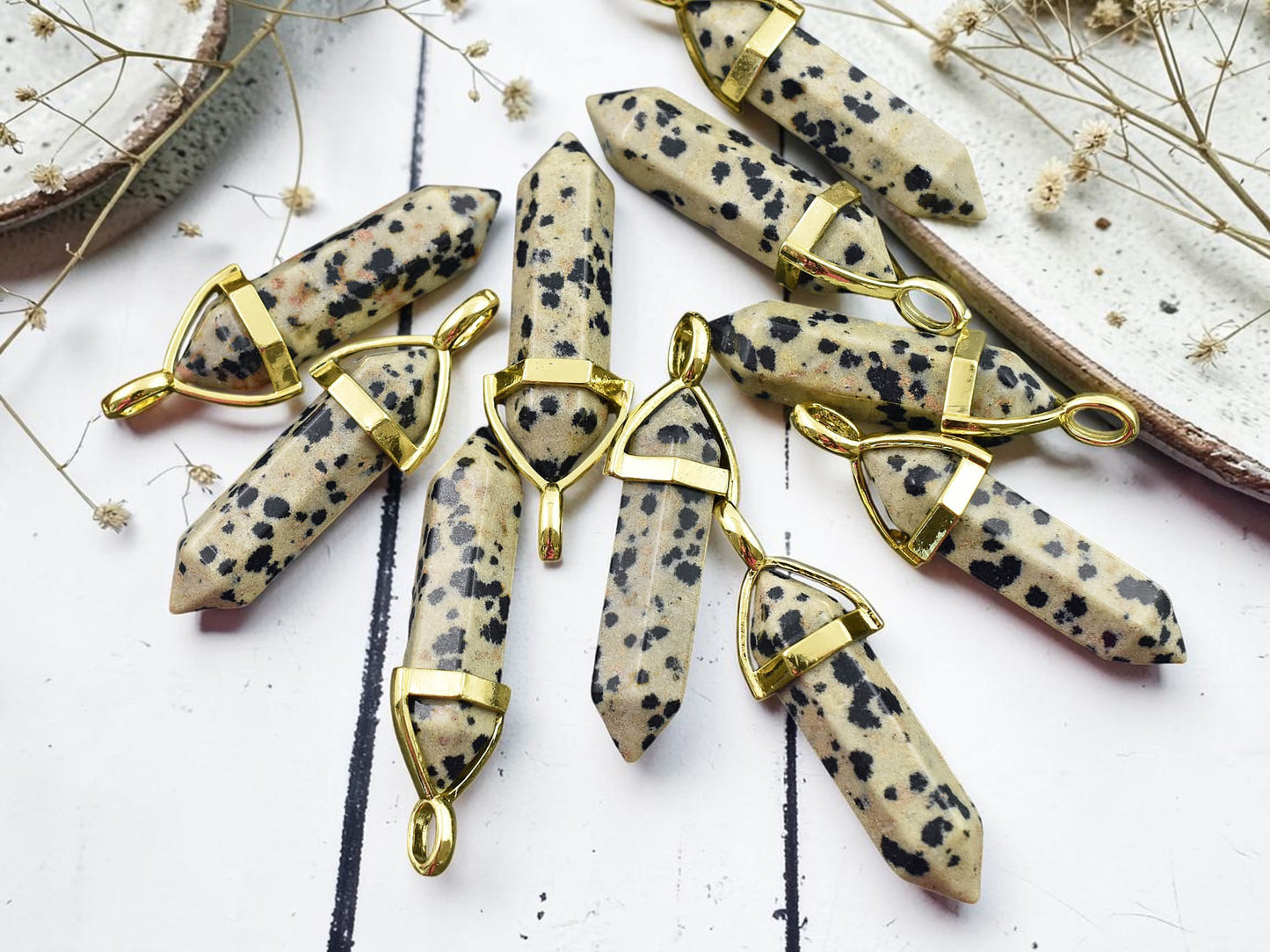40mm Gold Tone Natural Dalmation Jasper Double Terminated Bullet Pendant