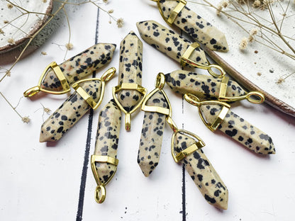 40mm Gold Tone Natural Dalmation Jasper Double Terminated Bullet Pendant