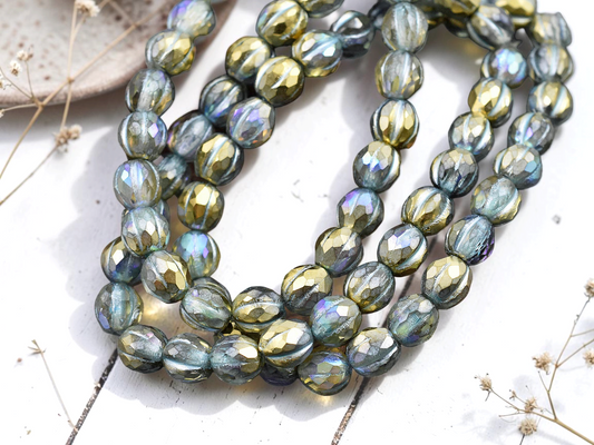 *25* 6mm Turquoise Washed Gold Lustered Crystal Faceted Round Melon Beads