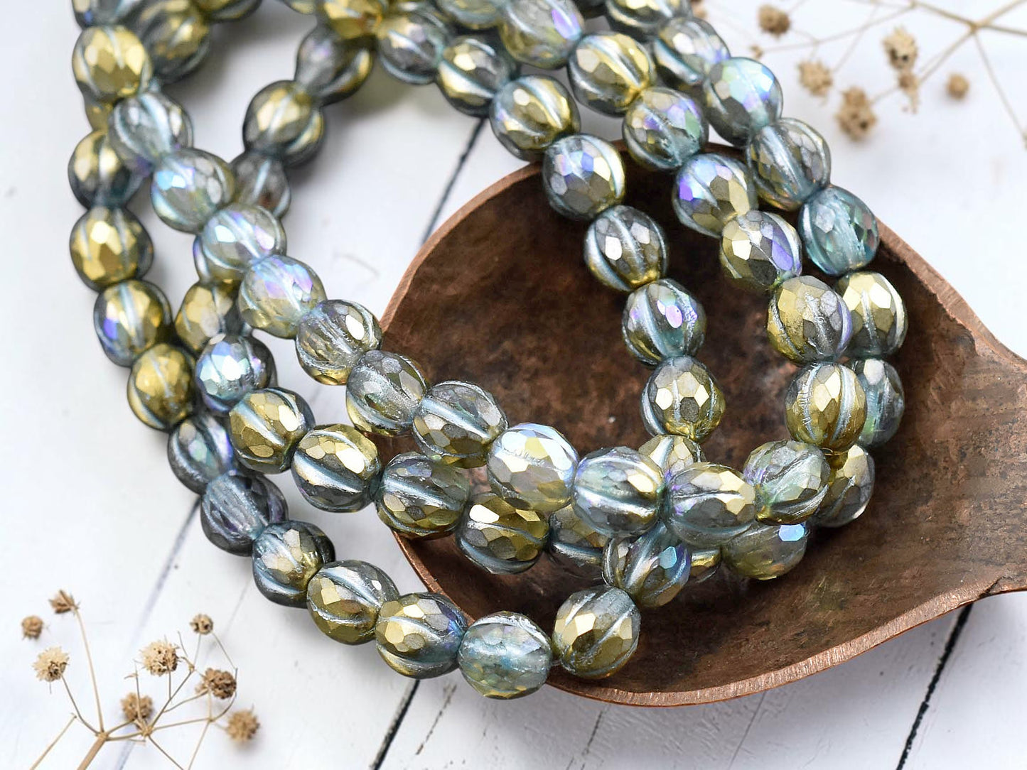 *25* 6mm Turquoise Washed Gold Lustered Crystal Faceted Round Melon Beads