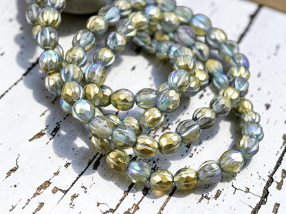 *25* 6mm Turquoise Washed Gold Lustered Crystal Faceted Round Melon Beads