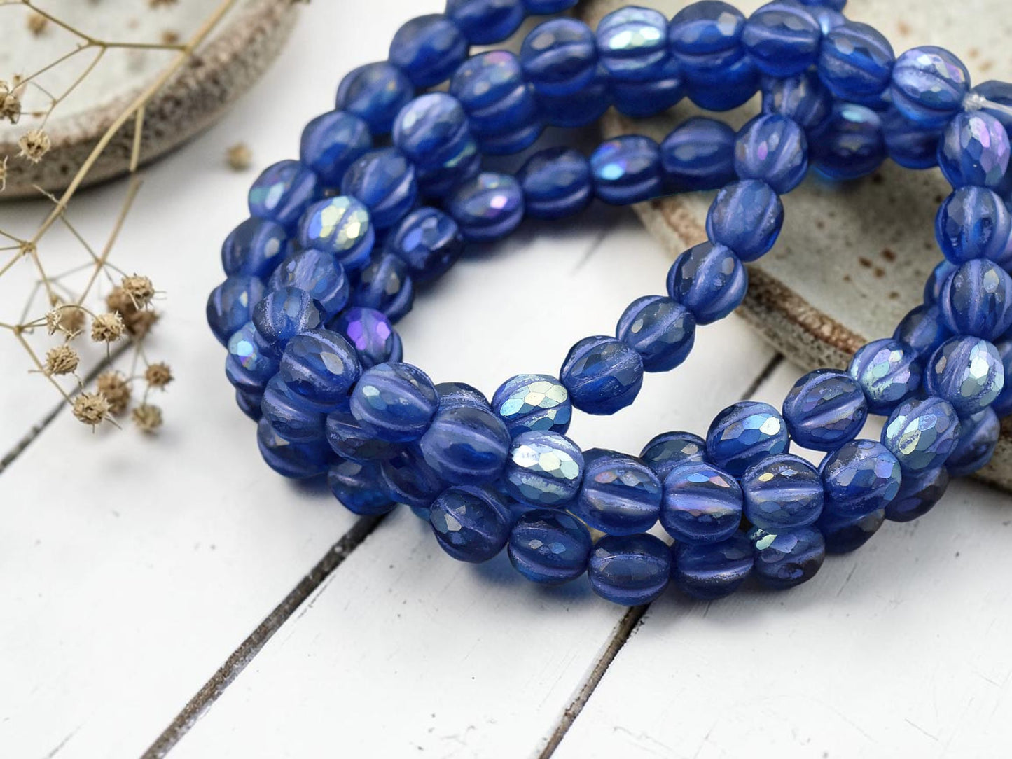 *25* 6mm Purple Luster Washed Matte Pacific Blue Faceted Round Melon Beads