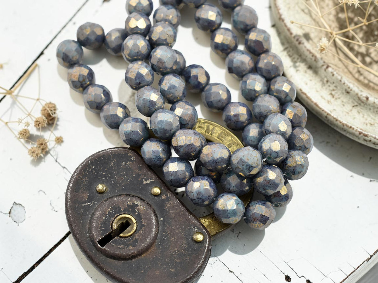 *20* 8mm Gold Lustered Opaque Persian Turquoise Fire Polished Round Beads
