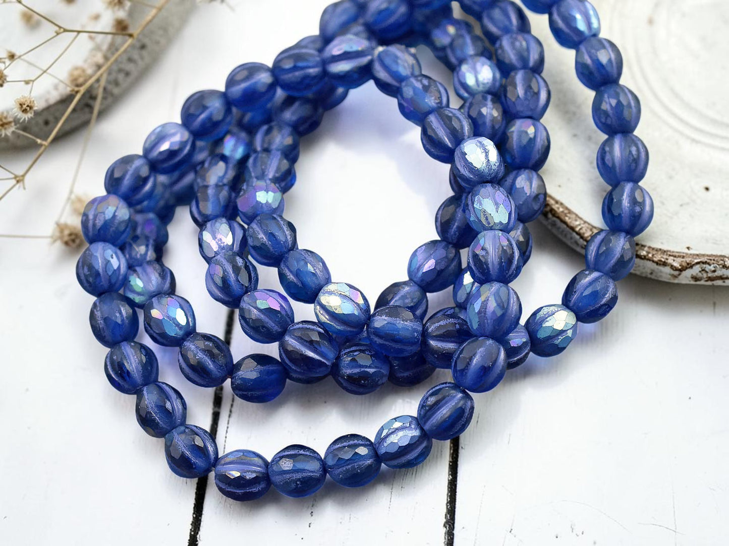 *25* 6mm Purple Luster Washed Matte Pacific Blue Faceted Round Melon Beads