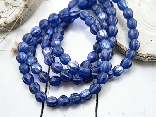 *25* 6mm Purple Luster Washed Matte Pacific Blue Faceted Round Melon Beads