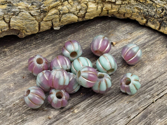 Platinum Washed Dusty Rose & Mint Green Large Hole Melon Beads -- Choose Your Size