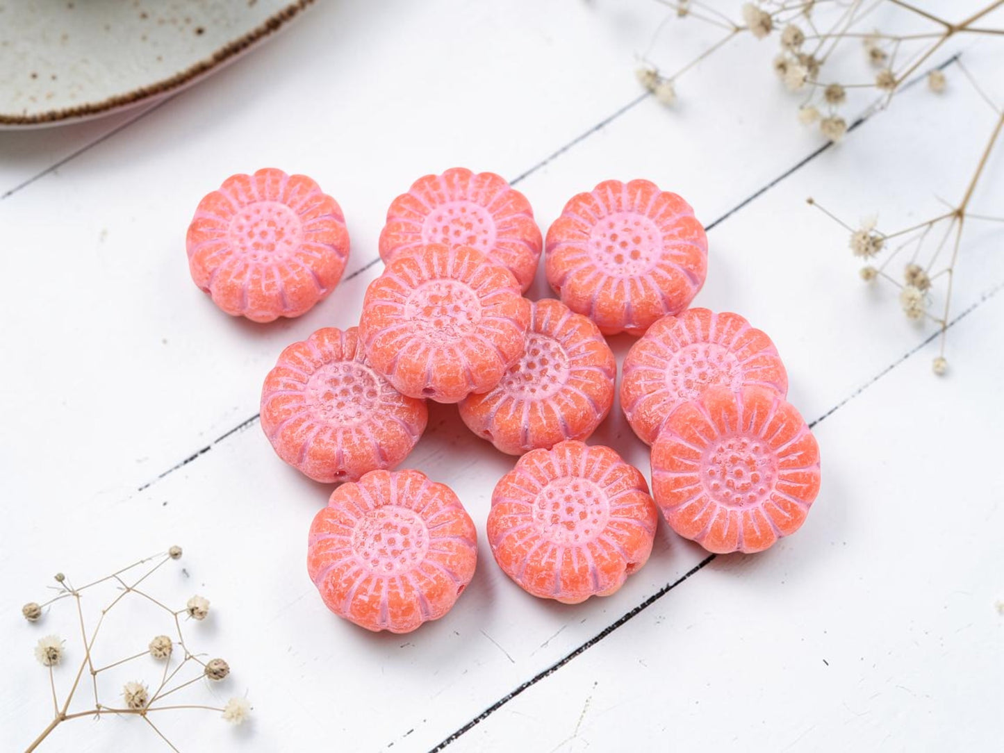 *10* 13mm Pink Washed Opaque Orange Sunflower Coin Beads