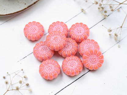 *10* 13mm Pink Washed Opaque Orange Sunflower Coin Beads