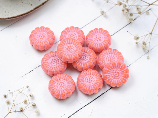 *10* 13mm Pink Washed Opaque Orange Sunflower Coin Beads