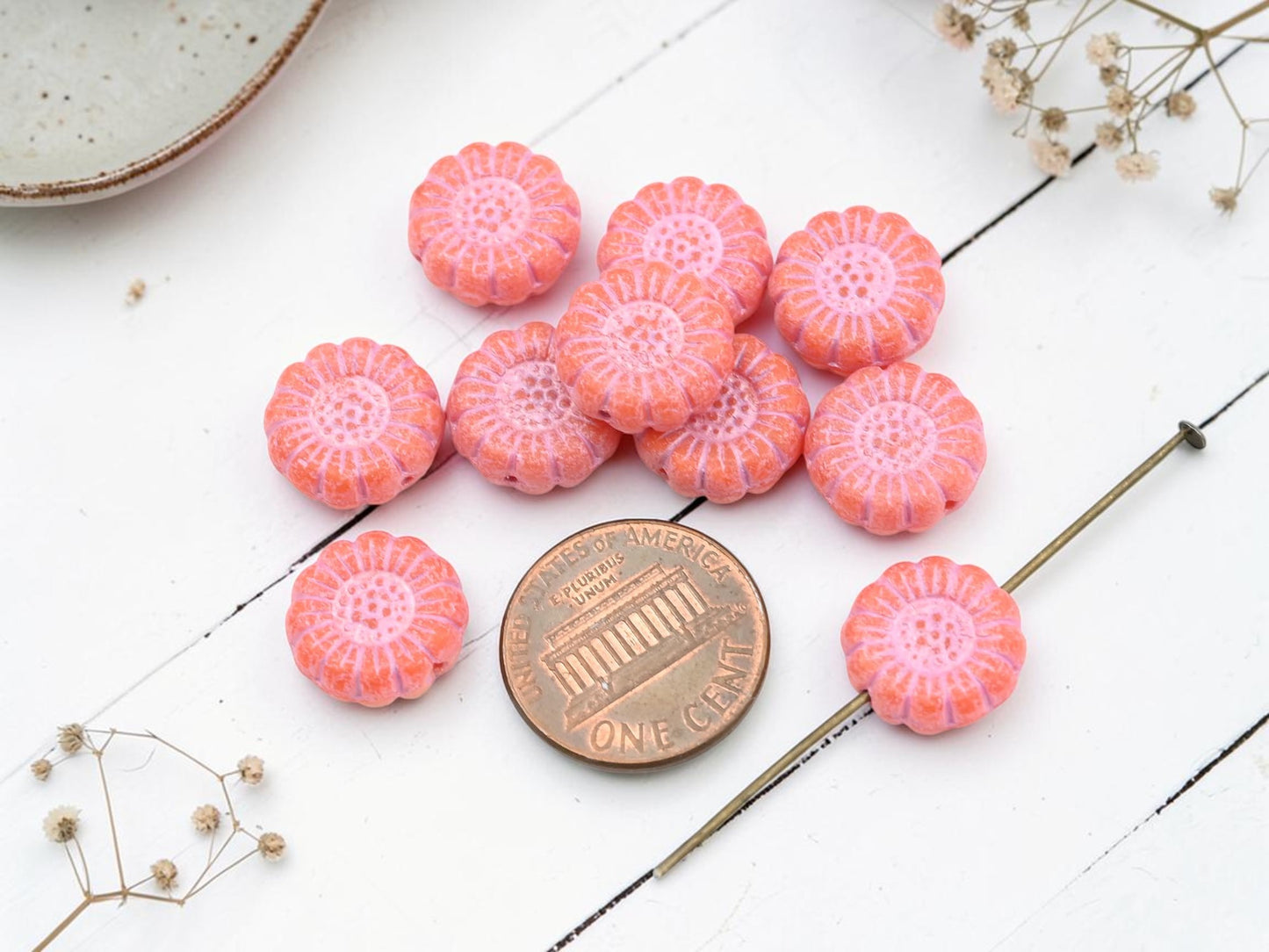 *10* 13mm Pink Washed Opaque Orange Sunflower Coin Beads