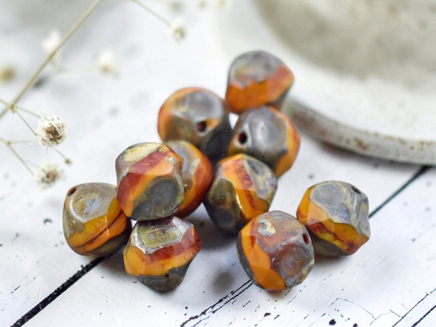 *16* 8mm Orange Mustard Picasso Central Cut Round Beads