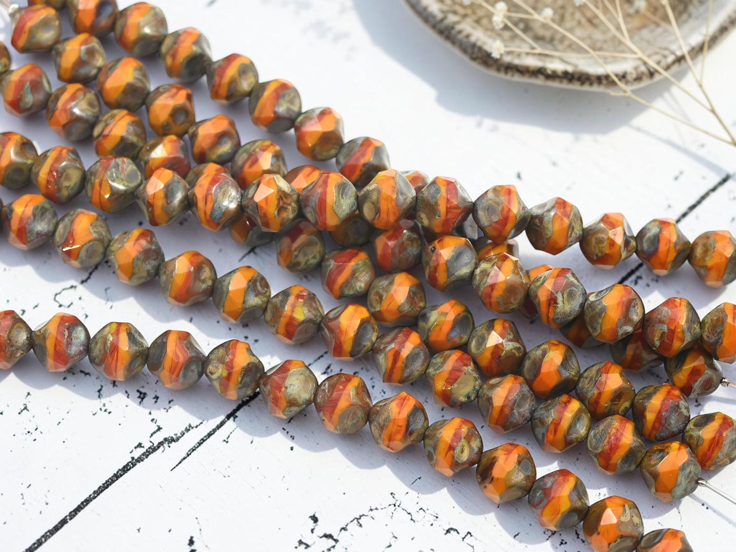 *16* 8mm Orange Mustard Picasso Central Cut Round Beads