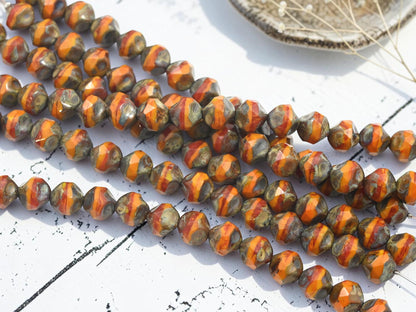 *16* 8mm Orange Mustard Picasso Central Cut Round Beads