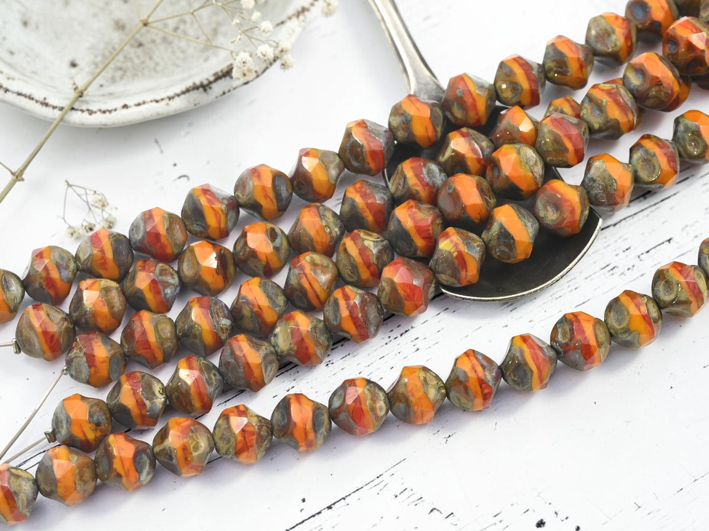 *16* 8mm Orange Mustard Picasso Central Cut Round Beads