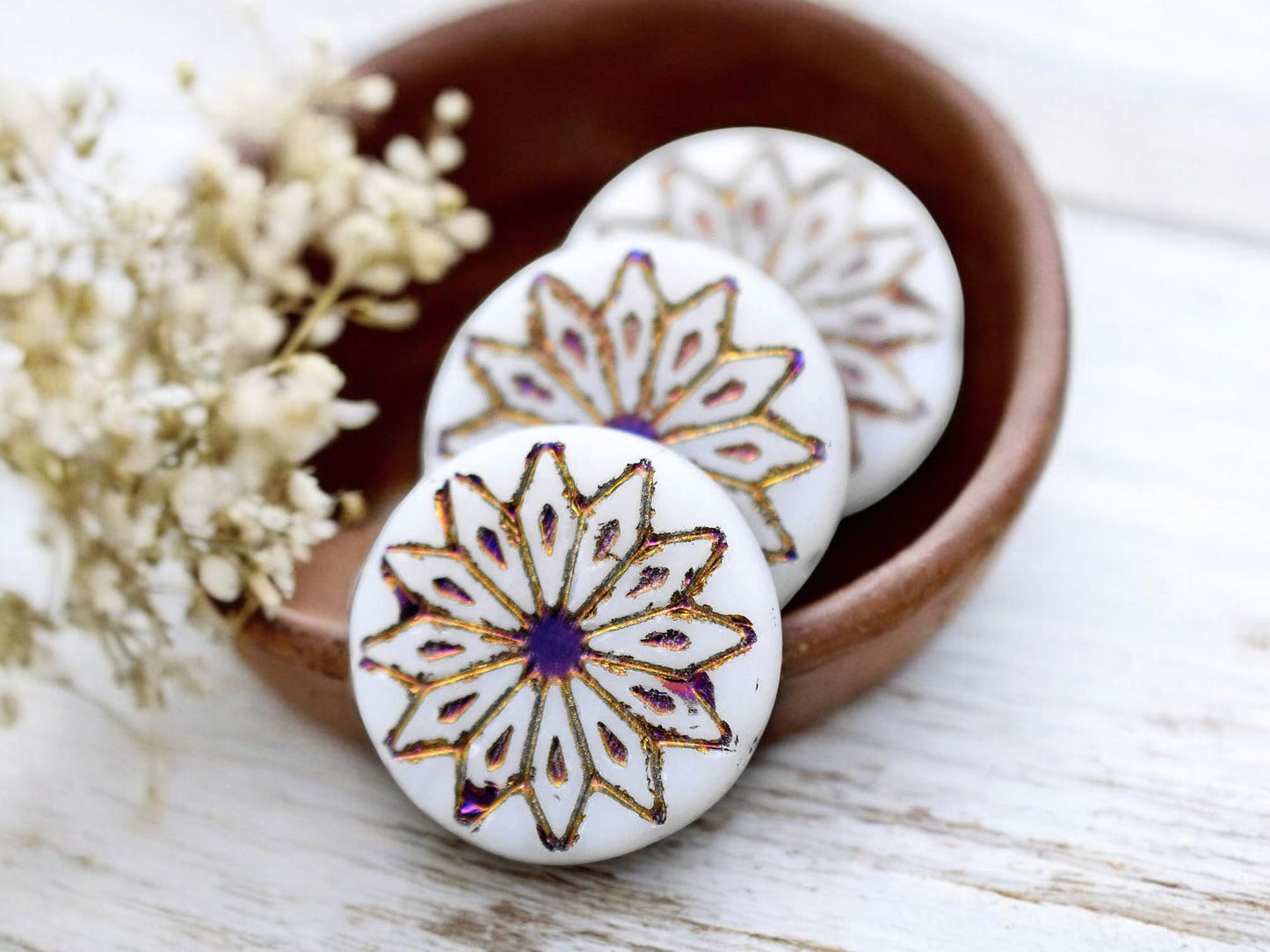 *6* 18mm Matte White Opal Sliperit Star Flower Coin Beads
