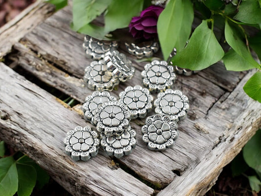 *50* 9mm Antique Silver Flower Coin Beads