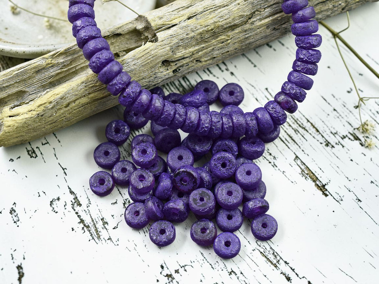 *50* 6x3mm Purple Washed Etched Purple Pansy Heishi Rondelle Beads