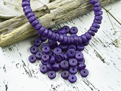 *50* 6x3mm Purple Washed Etched Purple Pansy Heishi Rondelle Beads