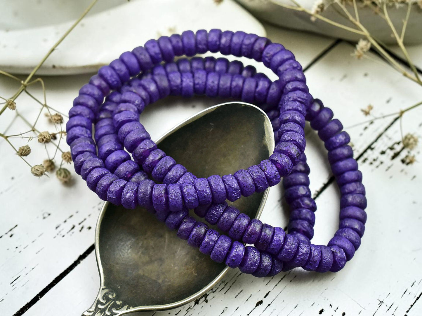 *50* 6x3mm Purple Washed Etched Purple Pansy Heishi Rondelle Beads