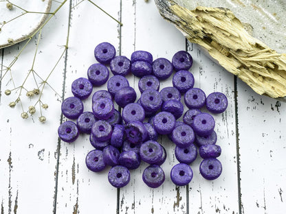*50* 6x3mm Purple Washed Etched Purple Pansy Heishi Rondelle Beads