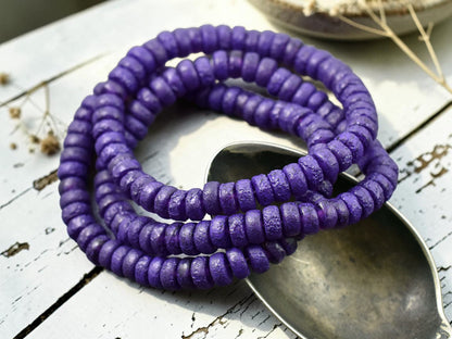 *50* 6x3mm Purple Washed Etched Purple Pansy Heishi Rondelle Beads