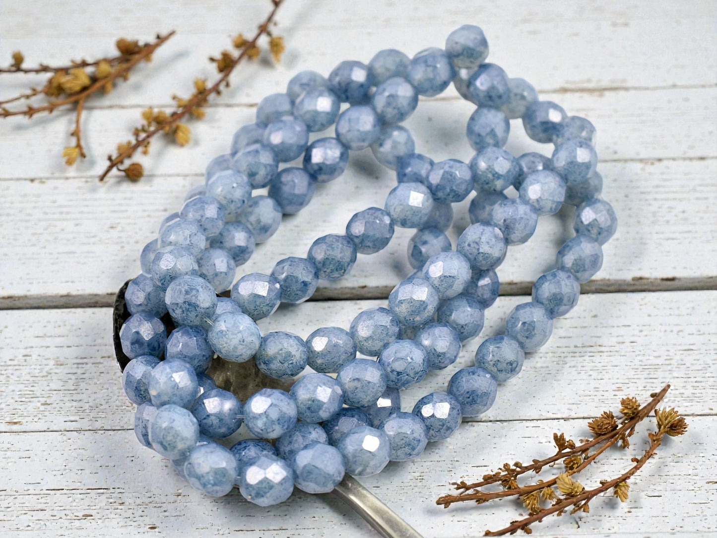 *25* 8mm Blue Lustered Crystal Opaline Fire Polished Round Beads