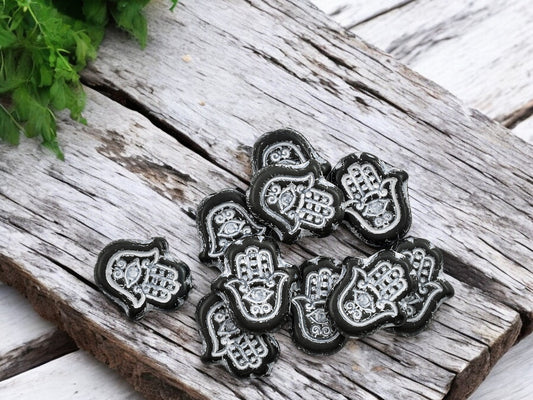 *10* 15x14mm White Washed Matte Black Hamsa Hand Beads