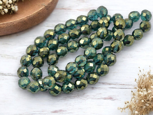 *20* 8mm Gold Lustered Emerald Green Fire Polished Round Beads