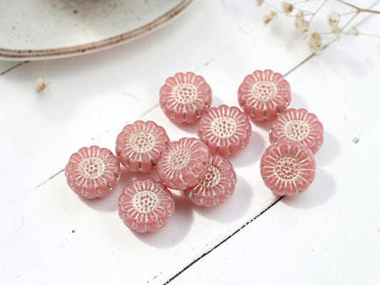 *10* 13mm Platinum Washed Dusty Pink Opaline Sunflower Coin Beads