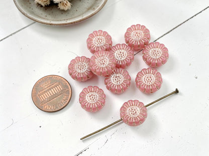 *10* 13mm Platinum Washed Dusty Pink Opaline Sunflower Coin Beads