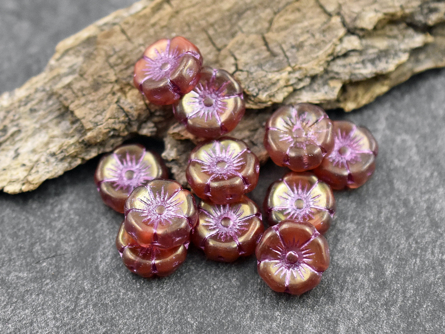 *12* 12mm Pink Washed Boysenberry Luster Hawaiian Flower Beads