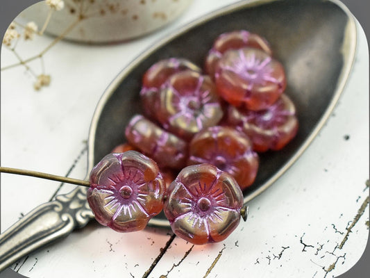 *12* 12mm Pink Washed Boysenberry Luster Hawaiian Flower Beads