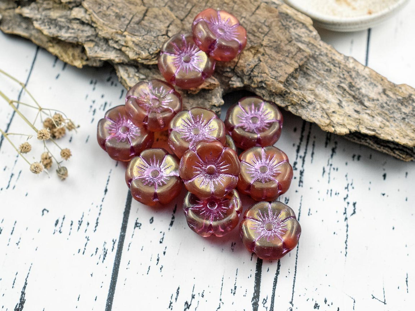 *12* 12mm Pink Washed Boysenberry Luster Hawaiian Flower Beads