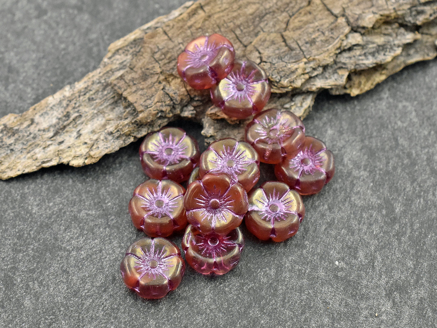 *12* 12mm Pink Washed Boysenberry Luster Hawaiian Flower Beads