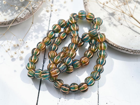 *20* 8mm Copper Washed Teal Amber Large Hole Melon Beads