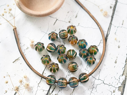 *20* 8mm Copper Washed Teal Amber Large Hole Melon Beads