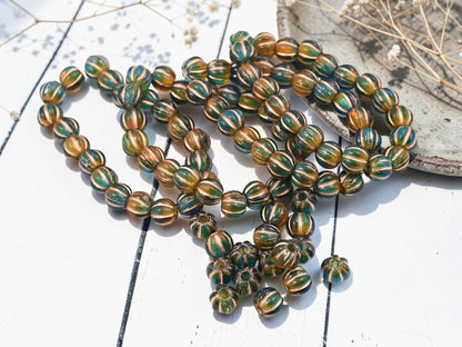 *20* 8mm Copper Washed Teal Amber Large Hole Melon Beads