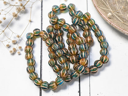 *20* 8mm Copper Washed Teal Amber Large Hole Melon Beads