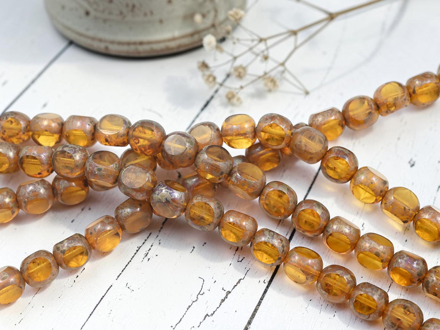 *20* 10mm Amber Silver Travertine 3 Cut Round Beads