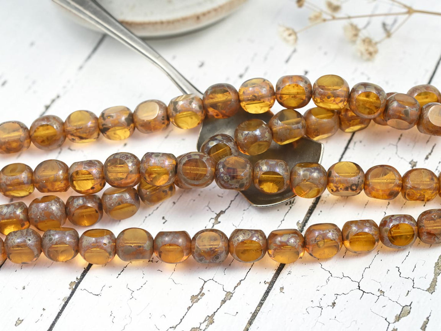 *20* 10mm Amber Silver Travertine 3 Cut Round Beads