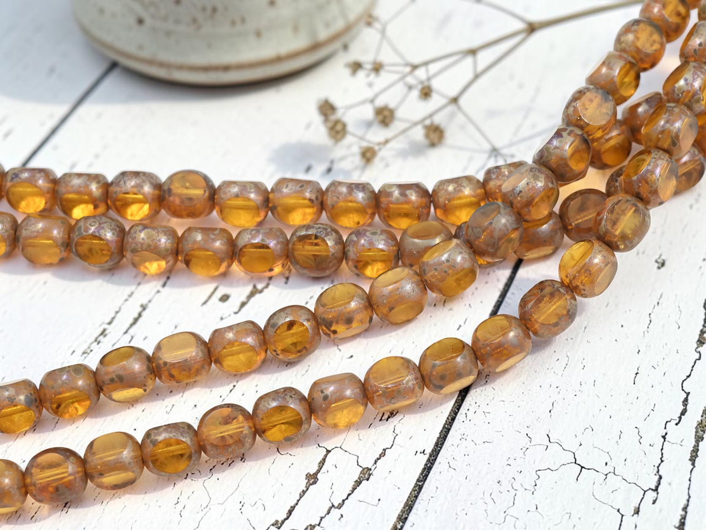 *20* 10mm Amber Silver Travertine 3 Cut Round Beads