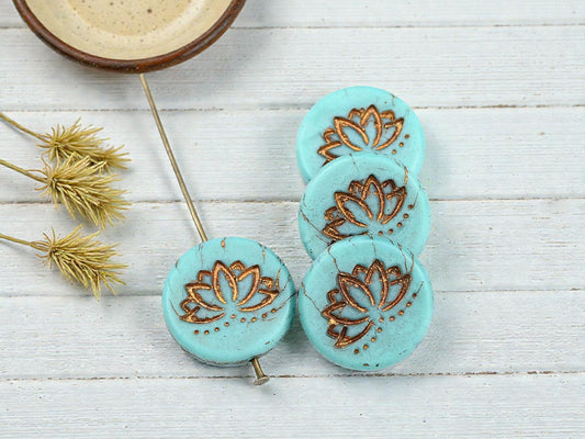 *4* 18mm Bronze Washed Matte Turquoise Lotus Flower Coin Beads
