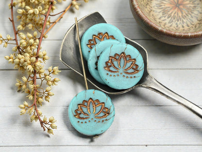 *4* 18mm Bronze Washed Matte Turquoise Lotus Flower Coin Beads