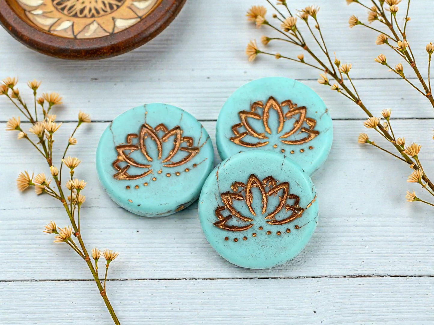 *4* 18mm Bronze Washed Matte Turquoise Lotus Flower Coin Beads