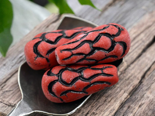 *6* 25x12mm Black Washed Opaque Matte Red Mermaid Scale Large Drop Beads