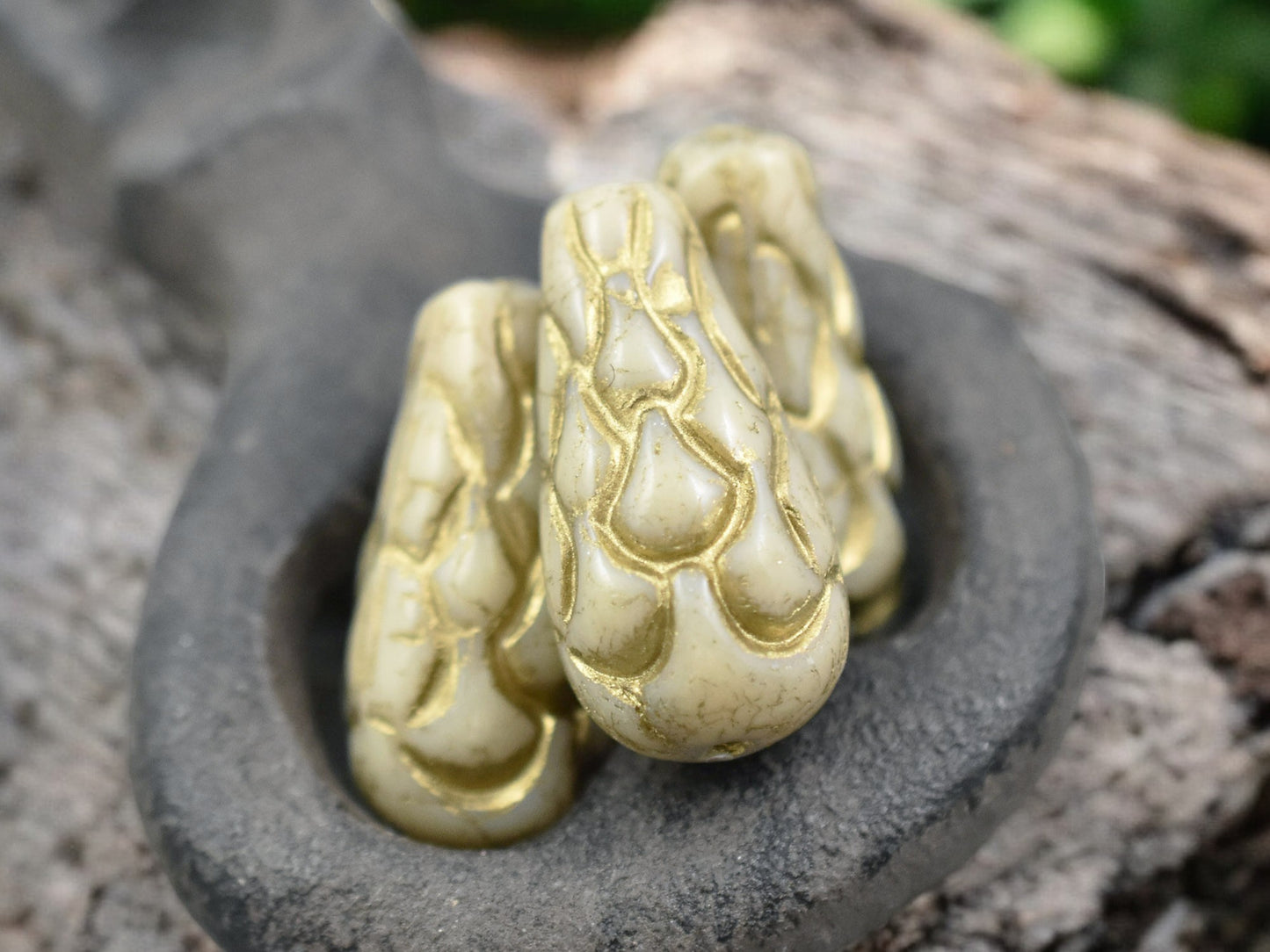 *6* 25x12mm Gold Washed Opaque Beige Mermaid Scale Large Drop Beads