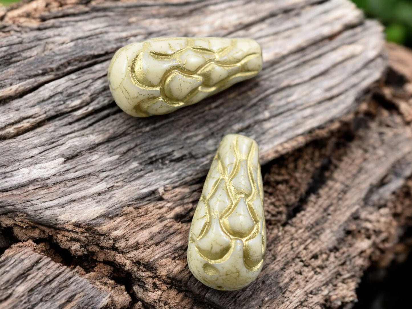 *6* 25x12mm Gold Washed Opaque Beige Mermaid Scale Large Drop Beads