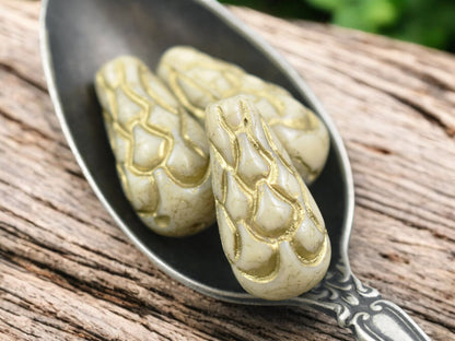 *6* 25x12mm Gold Washed Opaque Beige Mermaid Scale Large Drop Beads