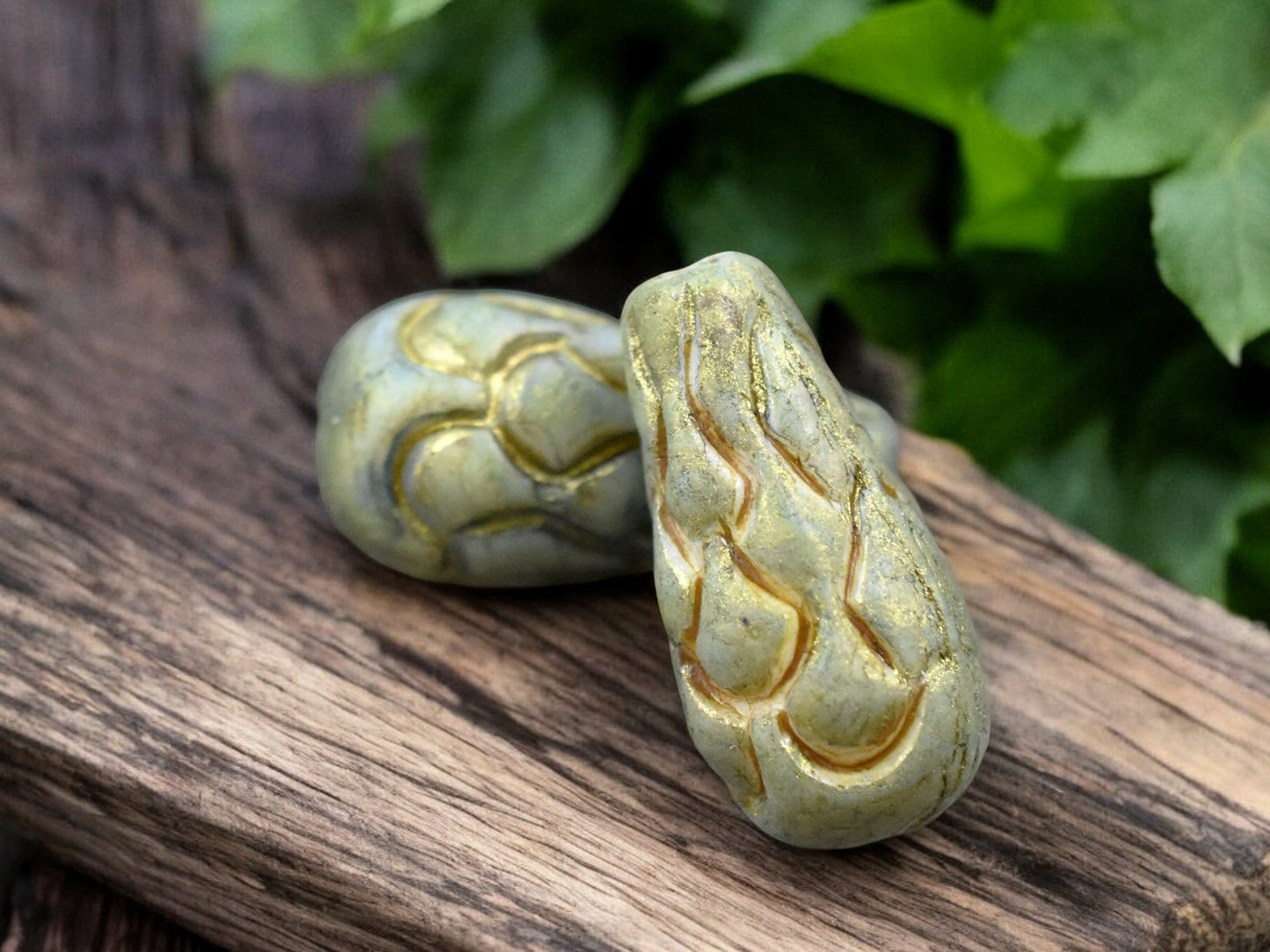 *6* 25x12mm Alabaster Green Moss Mermaid Scale Large Drop Beads