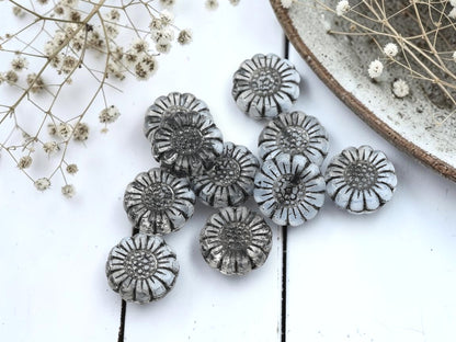 *10* 13mm Black Washed White Crystal Sunflower Coin Beads